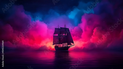 A majestic ship navigates through vibrant clouds of pink and blue in a dreamlike seascape at dusk