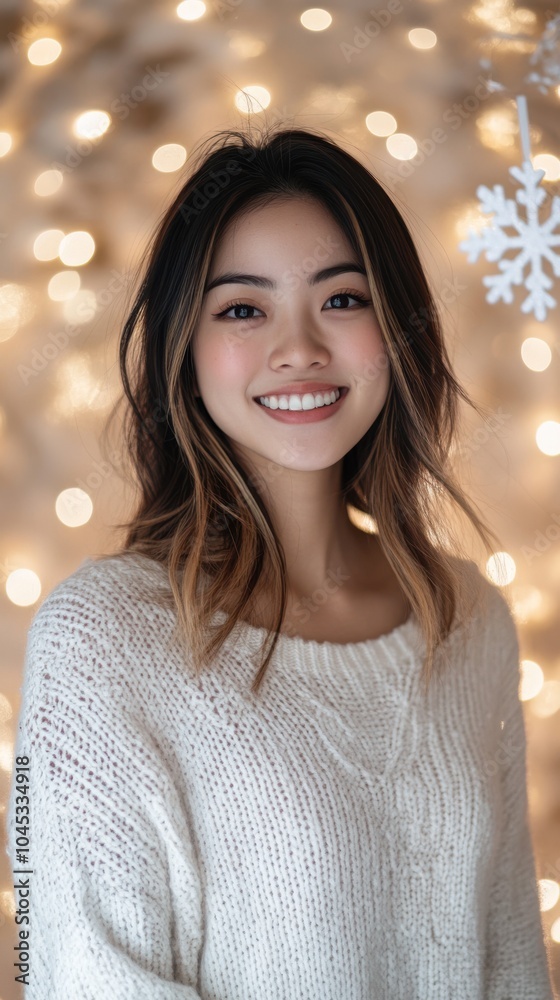 Portrait of an Asian woman in a cozy white knit sweater, standing with a warm smile, with a snowflake-patterned studio backdrop, holiday season, Christmas joy, winter celebration Portrait of an Asian woman in a cozy white knit sweater, standing with a warm smile, with a snowflake-patterned studio backdrop, holiday season, Christmas joy, winter celebration