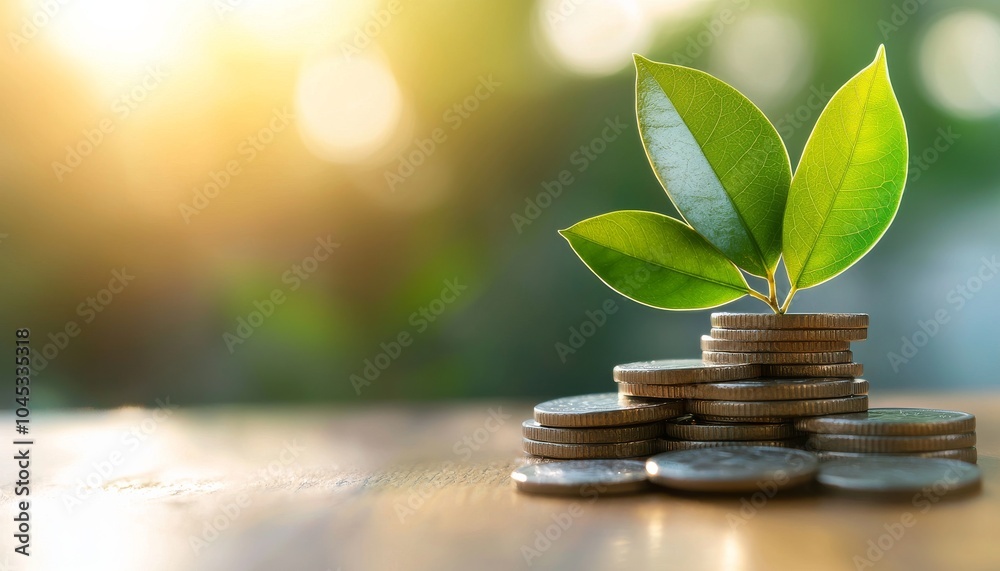 A small plant grows from a stack of coins, symbolizing growth, investment, and sustainability in finance. A small plant grows from a stack of coins, symbolizing growth, investment, and sustainability in finance.
