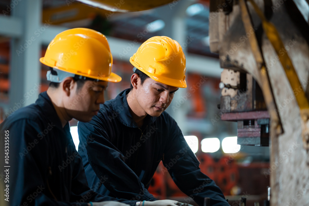 Two men wearing yellow hard hats are working on a machine. Scene is serious and focused, as the men are concentrating on their task Two men wearing yellow hard hats are working on a machine. Scene is serious and focused, as the men are concentrating on their task