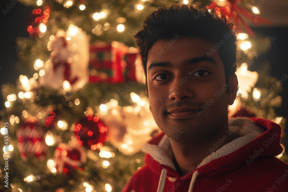 Portrait of an Indian man with short, wavy hair, wearing a red and white Christmas hoodie, standing near a Christmas tree covered in twinkling lights and presents underneath, soft lighting Portrait of an Indian man with short, wavy hair, wearing a red and white Christmas hoodie, standing near a Christmas tree covered in twinkling lights and presents underneath, soft lighting