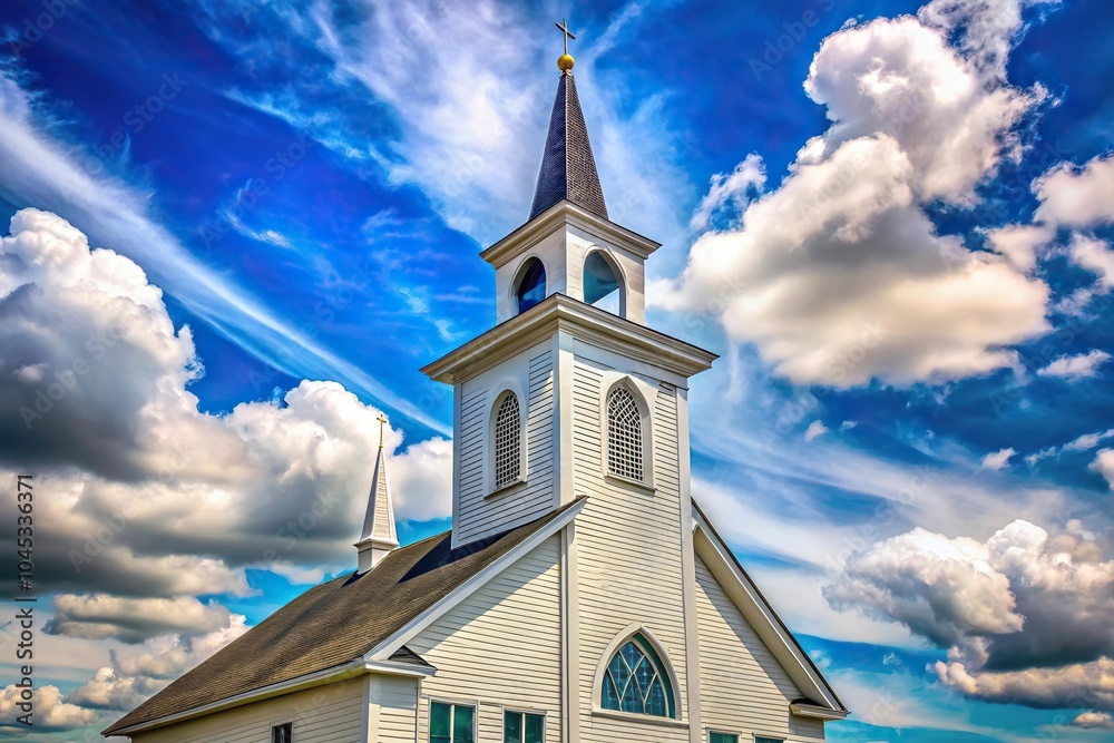 Fototapeta premium Church building with steeple and belfry against summer sky