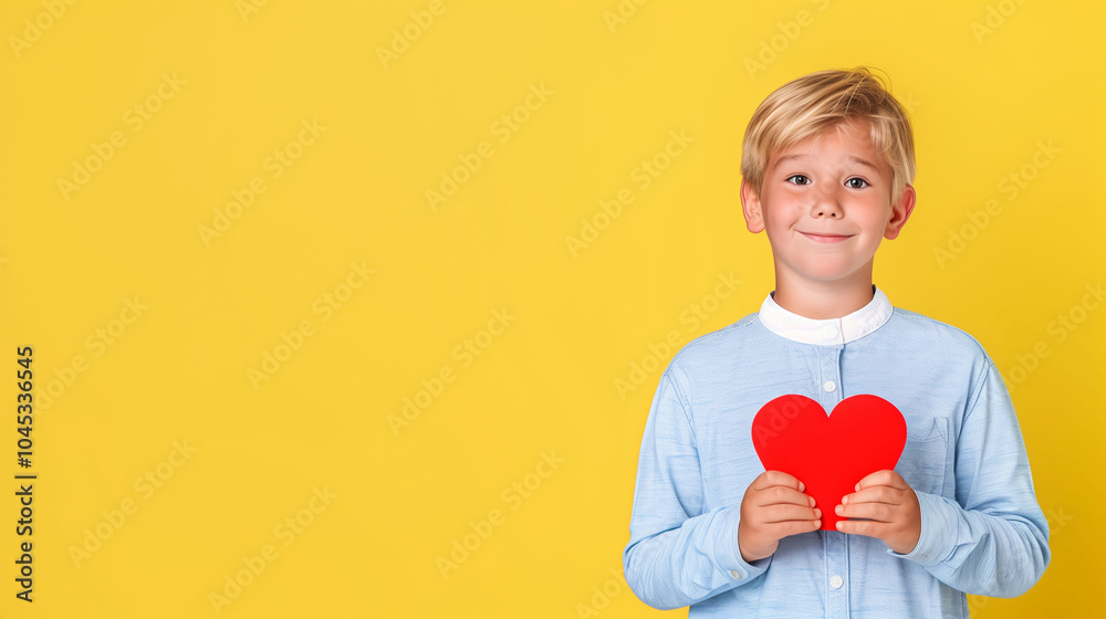 Child holding red heart with smile on yellow background Child holding red heart with smile on yellow background
