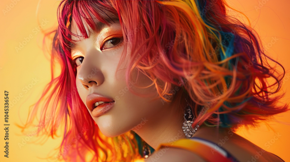 A model with vividly colored hair, using specialized haircare products to maintain her color A model with vividly colored hair, using specialized haircare products to maintain her color
