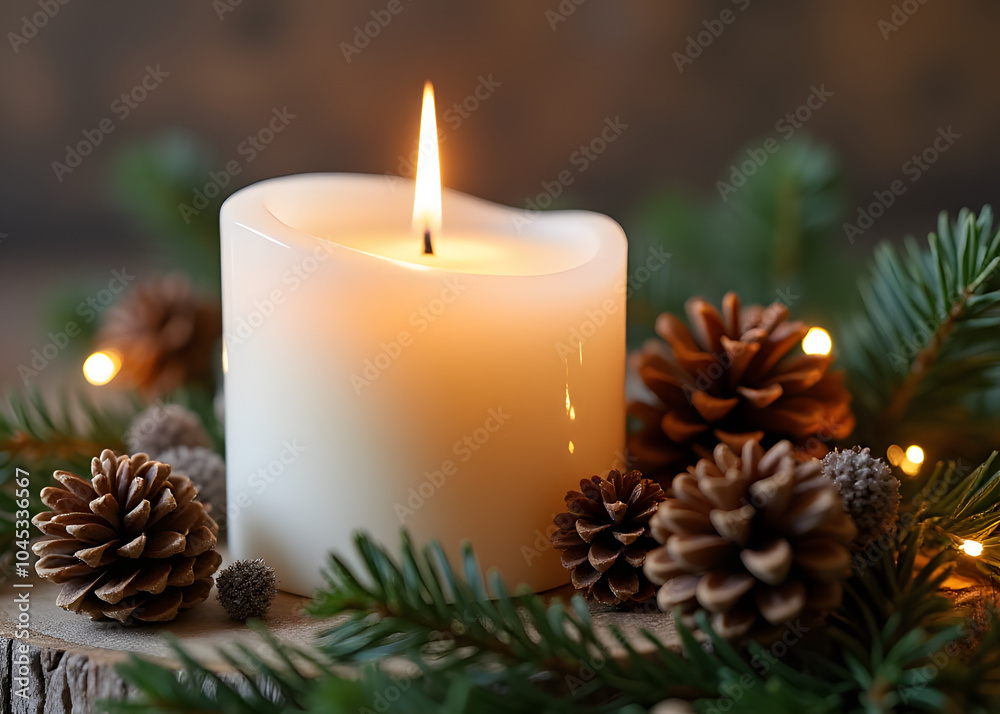 Merry Christmas with a white candle on wooden decorations and natural elements. Merry Christmas with a white candle on wooden decorations and natural elements.
