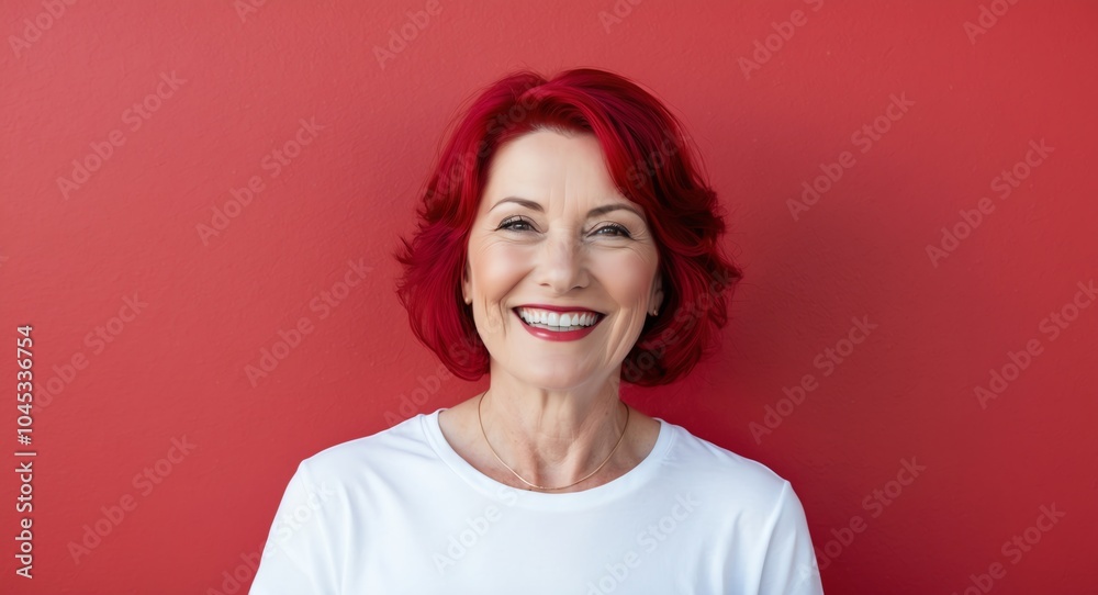 redhead mature woman red background wearing plain white tshirt smiling happy portrait redhead mature woman red background wearing plain white tshirt smiling happy portrait