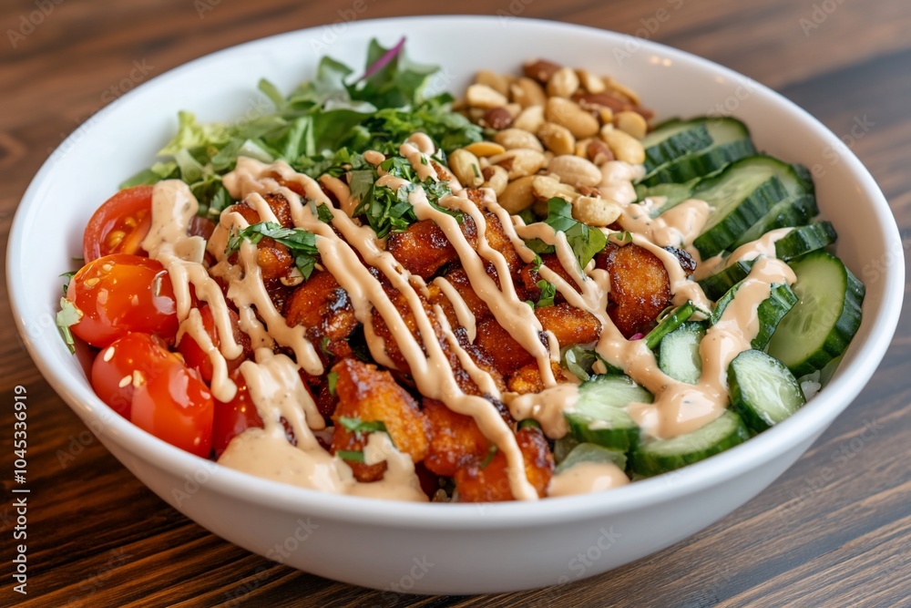 A vibrant salad bowl with greens, tomatoes, cucumbers, and sauce. A vibrant salad bowl with greens, tomatoes, cucumbers, and sauce.