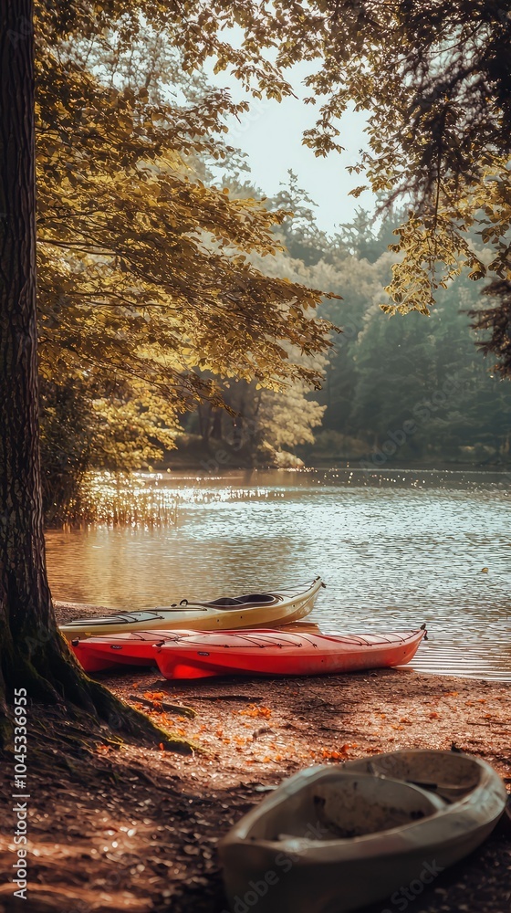 Fototapeta premium Tranquil Lake Retreat with Kayaks at Dusk