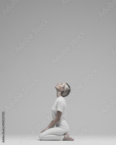 A bald woman in a kneeling position with her hands on her thighs, facing forward with confidence, white blackground, photorealistic