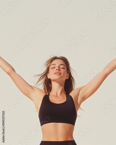 A fit woman performing a twist mid-air with her arms spread wide, like a ballet dancer in flight, white blackground, photorealistic
