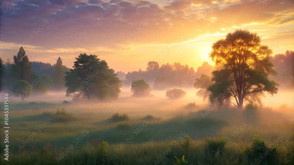 Fototapeta premium Misty sunrise over a lush meadow with trees and soft glowing light 
