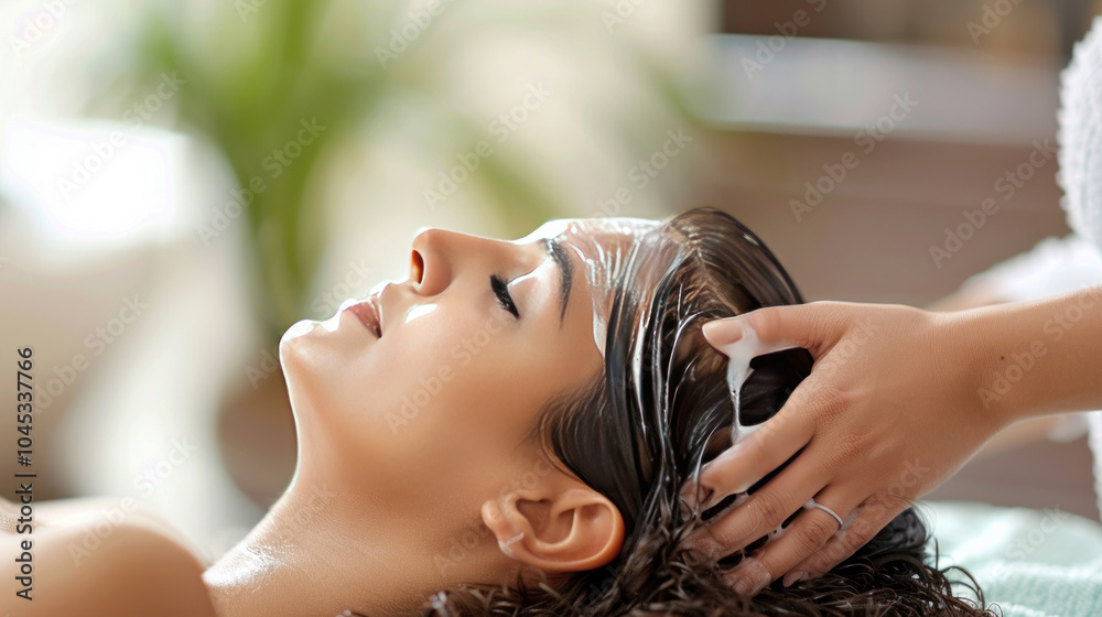 Naklejka premium A mother receiving a postpartum haircare treatment in a salon, with gentle scalp massage and care