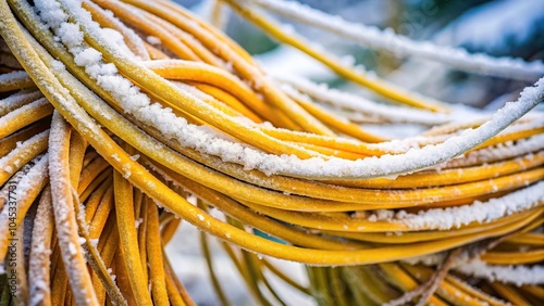 Citric wires covered with snow and frost, frozen wires on the street in the background at a tilted angle photo