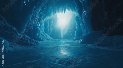 Frozen Passage: An icy, ethereal passageway leads to a hidden world, bathed in a pale, ethereal glow. The smooth, sculpted ice formations create a surreal and otherworldly atmosphere. 