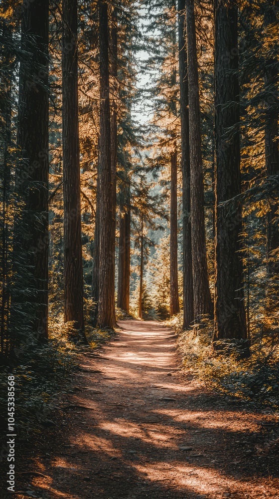 Fototapeta premium Serene Pathway Through Tall Trees in a Forest