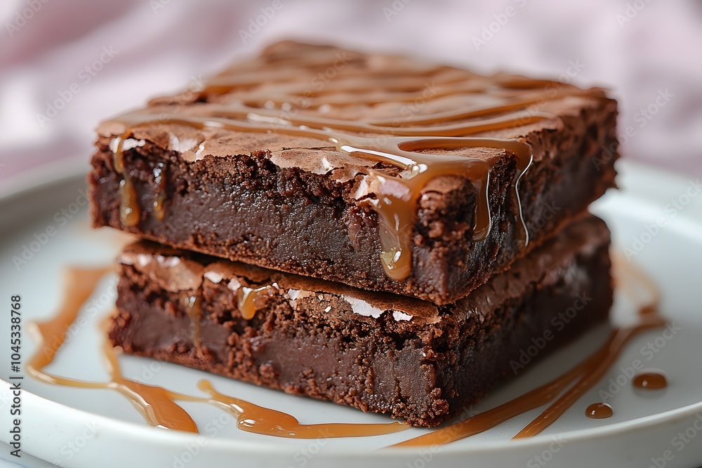 Stack of brownies drizzled with caramel sauce. Stack of brownies drizzled with caramel sauce.
