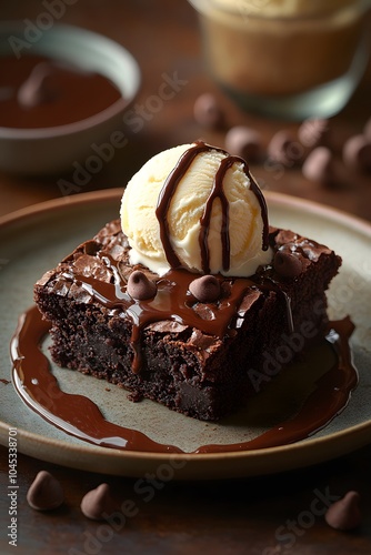Plate Of Brownies Topped With Vanilla Ice Cream And Chocolate Sauce