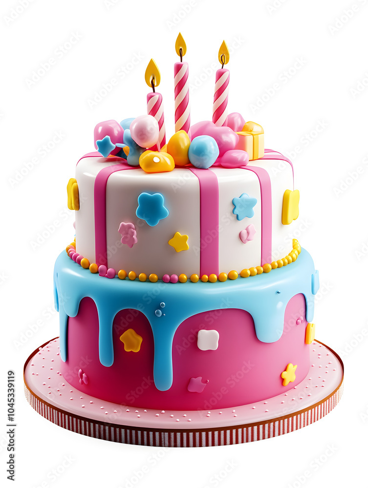3D cartoon birthday cake with candles isolated on white background
3D cartoon birthday cake with candles isolated on white background