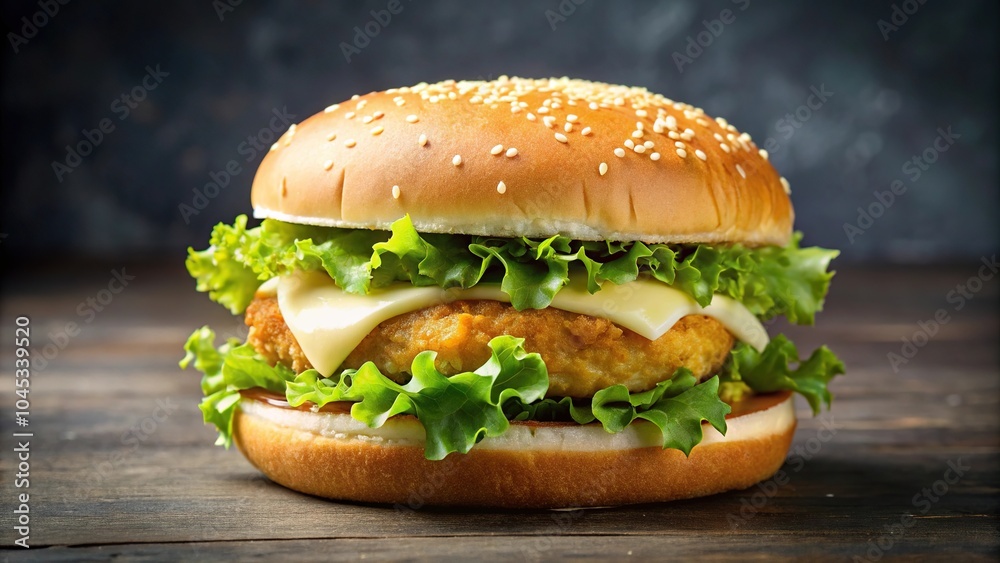 Classic Fish Burger with Crispy Fish Patty American Cheese Lettuce and Tartar Sauce on Sesame Seed Bun Extreme Close-Up Classic Fish Burger with Crispy Fish Patty American Cheese Lettuce and Tartar Sauce on Sesame Seed Bun Extreme Close-Up