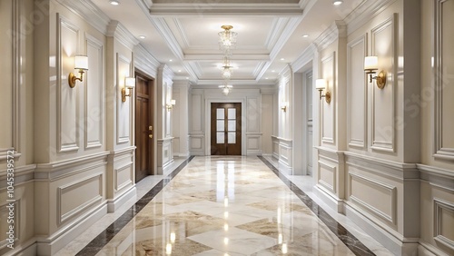 Classic hallway with marble floor and white walls