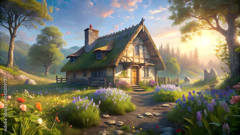 Fototapeta premium Charming cottage surrounded by blooming flowers and trees at sunrise 