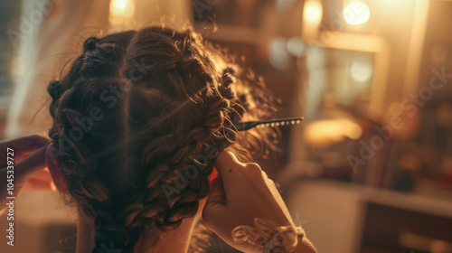 A person braiding their hair before bed for heatless curls, with soft, natural light highlighting their process photo