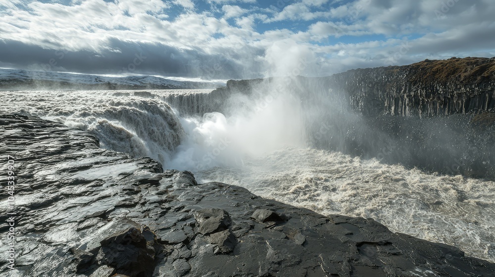 Majestic Waterfall Flowing Over Volcanic Rock Majestic Waterfall Flowing Over Volcanic Rock