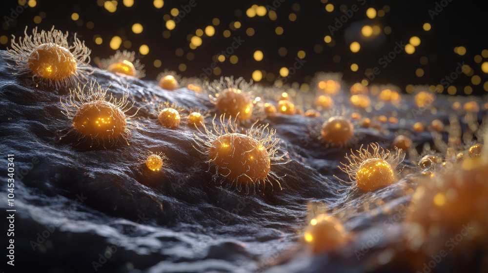 Fototapeta premium Microscopic Life: A mesmerizing close-up of glowing, spherical cells, pulsating with life, set against a backdrop of a dark, textured surface. The image evokes a sense of wonder and mystery.