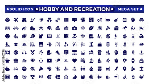 Hobby and recreation solid icons collection. Hobbies for children and adults at home and outdoors. Sports, diving, dancing, reading, drawing, music and singing, collecting, chess, astronomy.