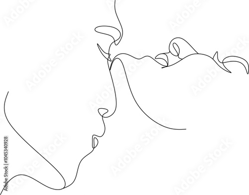 One continuous, single line  drawing of a woman and a man. Hugs of a young couple, lovers, woman and man.  Romantic.