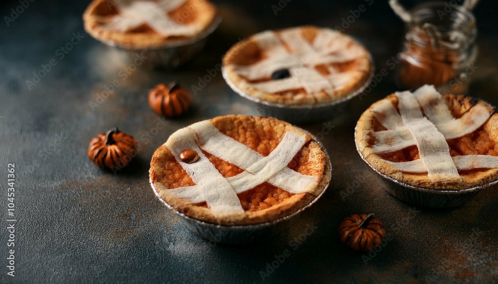 Mummy Pumpkin Pies on deep background Mummy Pumpkin Pies on deep background