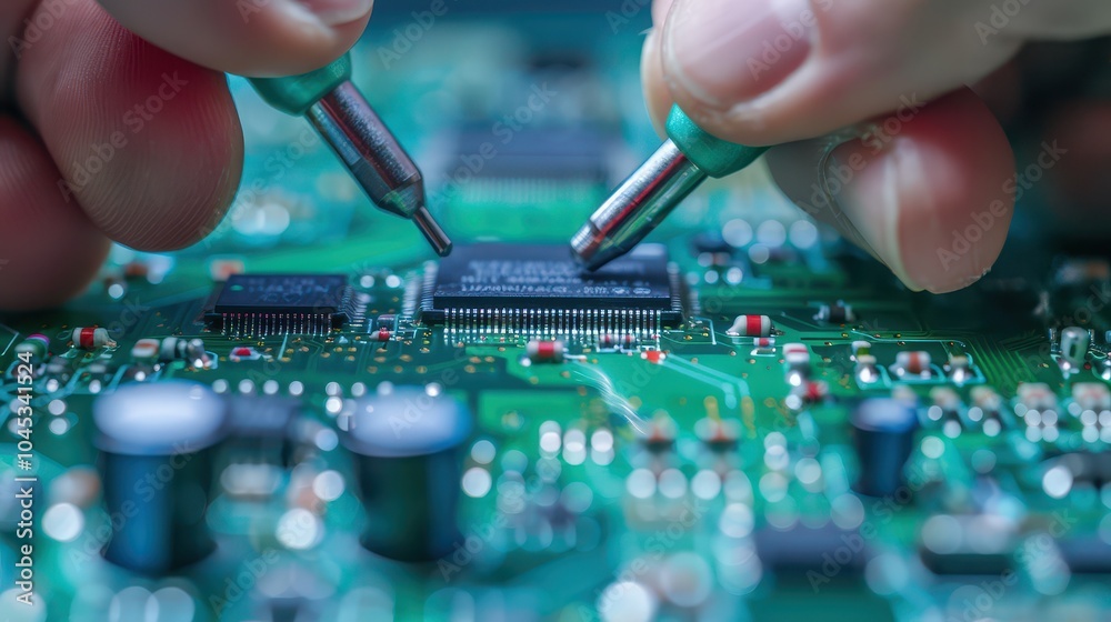 Close-up of hands using probes on a circuit board to test electronic components, showcasing precision in technology of electronics.