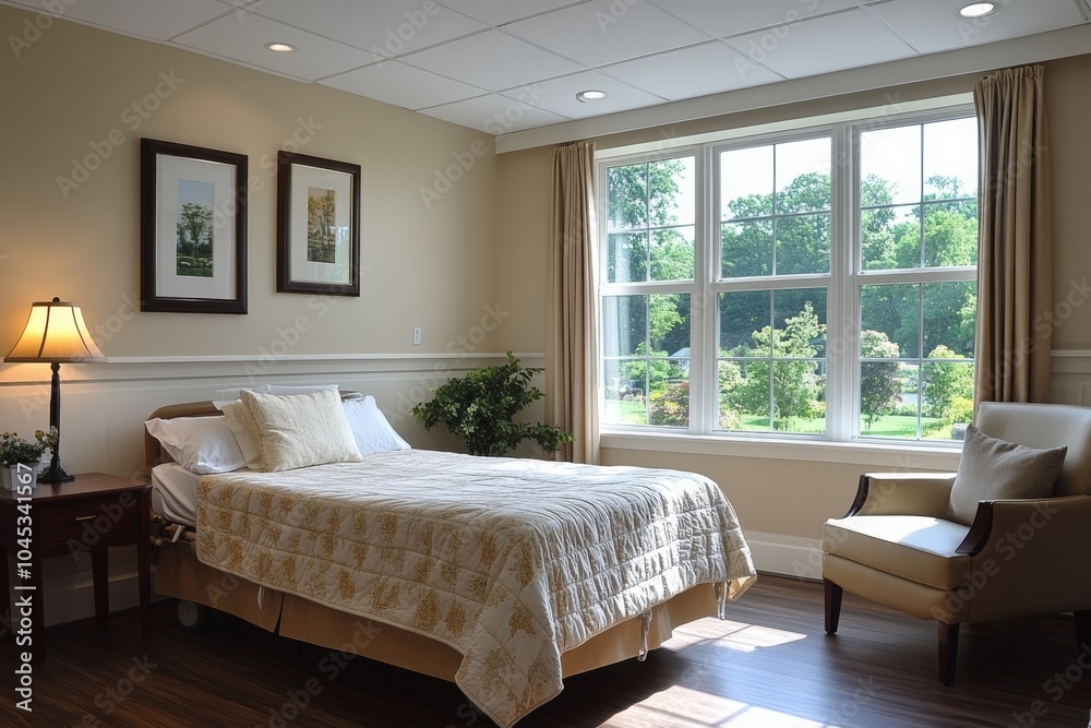 Interior of a cozy minimalist hospital room with a bed and a large window. Medicine, hospital, treatment Interior of a cozy minimalist hospital room with a bed and a large window. Medicine, hospital, treatment