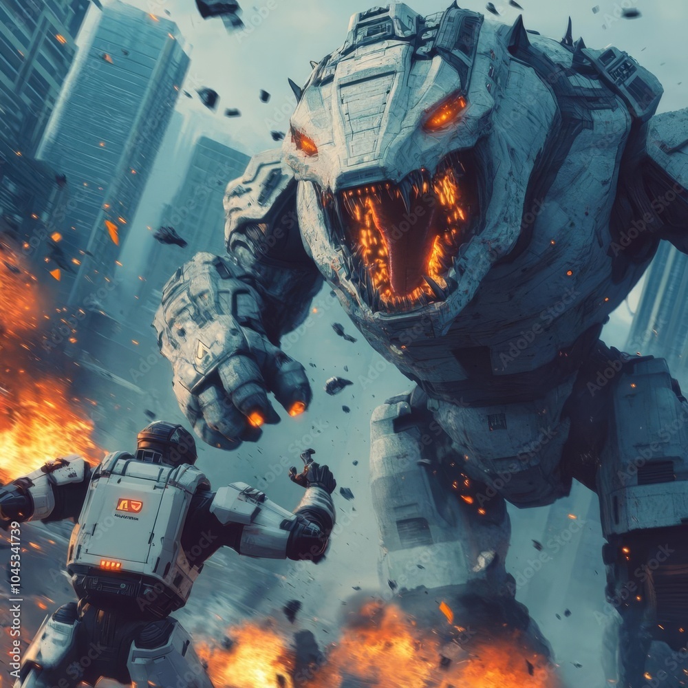 Giant robot battling a colossal alien creature in a futuristic metropolis, debris flying Giant robot battling a colossal alien creature in a futuristic metropolis, debris flying