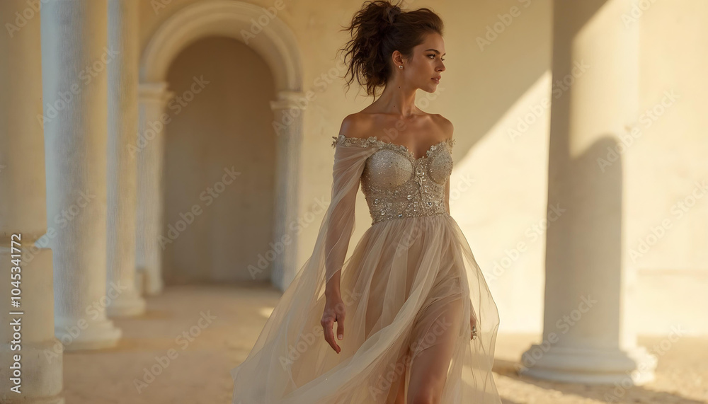 Obraz premium Stylish Evening Walk - Beautiful model in a custom elegant dress