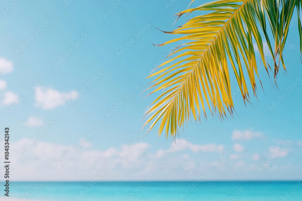 Palm tree leaves gently swaying in the breeze with turquoise waters in the distance,
Palm tree leaves gently swaying in the breeze with turquoise waters in the distance,