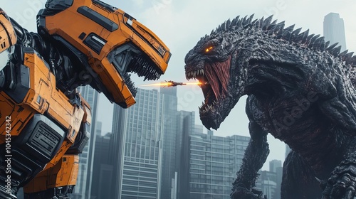 Giant robot battling a massive alien creature in the middle of a futuristic cityscape