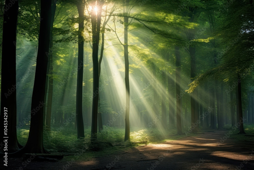Obraz premium Beautiful green forest landscape light sunlight.