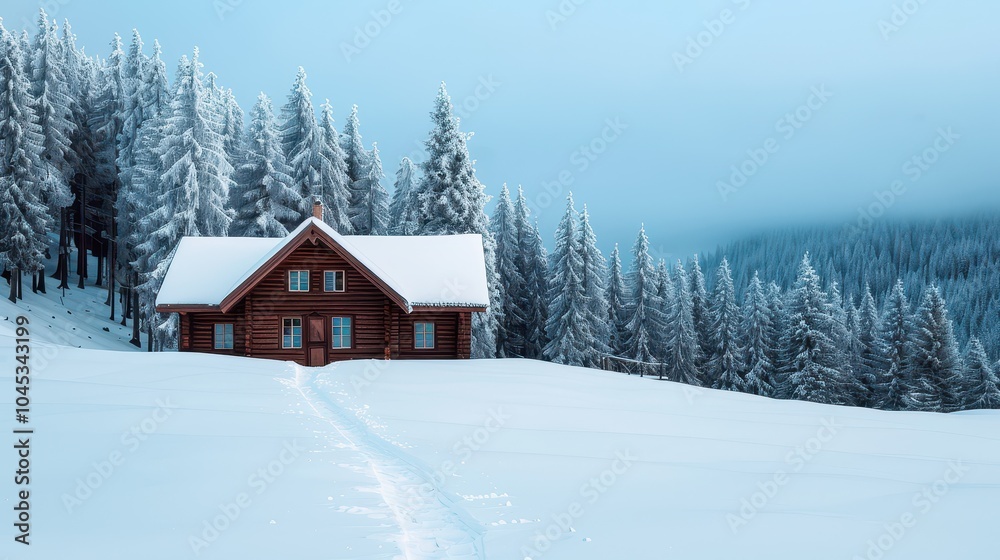 Cozy red cabin surrounded by snow-covered trees in a tranquil winter landscape, evoking a serene and peaceful atmosphere. Cozy red cabin surrounded by snow-covered trees in a tranquil winter landscape, evoking a serene and peaceful atmosphere.