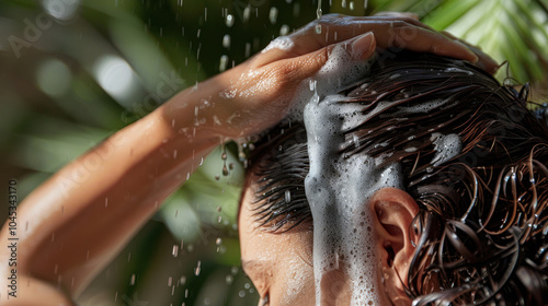 A person with sensitive skin applying hypoallergenic shampoo, with a gentle, soothing foam photo