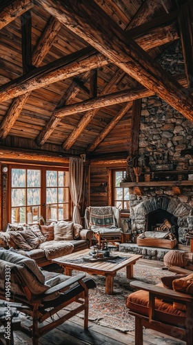 Rustic Wooden Cabin Interior with Exposed Beams