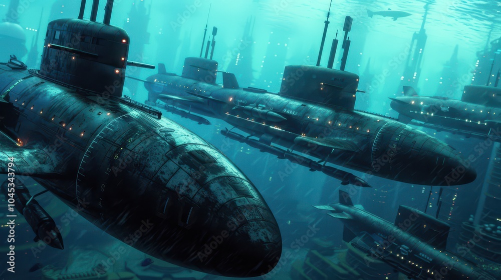 Explore a captivating underwater scene featuring majestic submarines ...