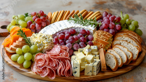 Colorful charcuterie board with cheeses, crackers, grapes, and salami