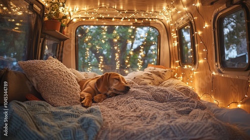 Cozy Camper Van Interior with Sleeping Dog and Fairy Lights