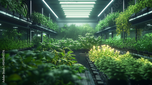 A large vertical farm with multiple levels of plants growing under artificial lighting.