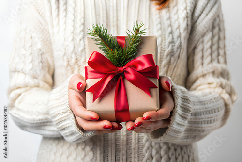 Female Hands holding Christmas gift on isolated white background, Christmas concept