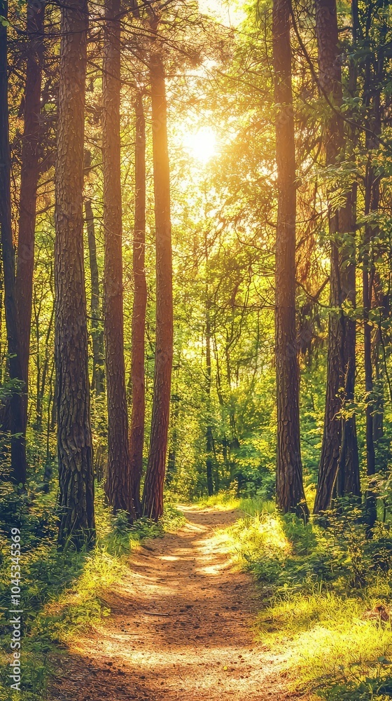 Obraz premium Serene Forest Path with Tall Trees and Soft Light