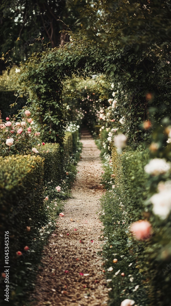 Fototapeta premium Serene Garden Pathway Lined with Tall Hedges