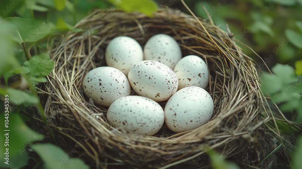 Close-up of a white bird eggs arranged in a nest of straw grass. Close-up of a white bird eggs arranged in a nest of straw grass.