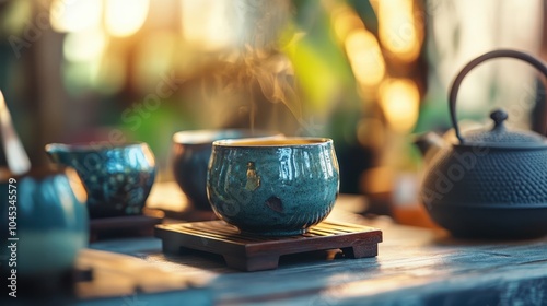 A teapot sits on a wooden tray with a blue teacup next to it photo